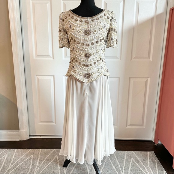 George F. Couture Champagne Hand-beaded and Silk Formal Evening Gown - Picture 8 of 10